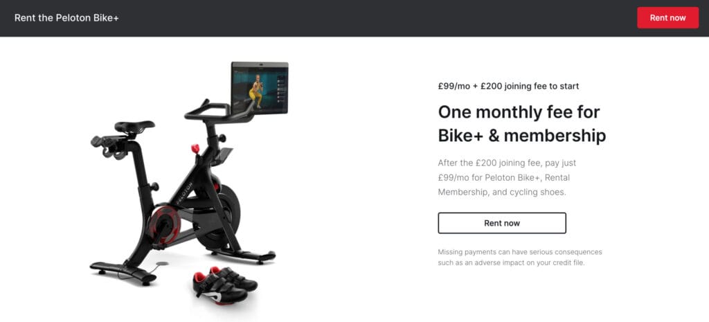Bike+ rental option on U.K. Peloton website